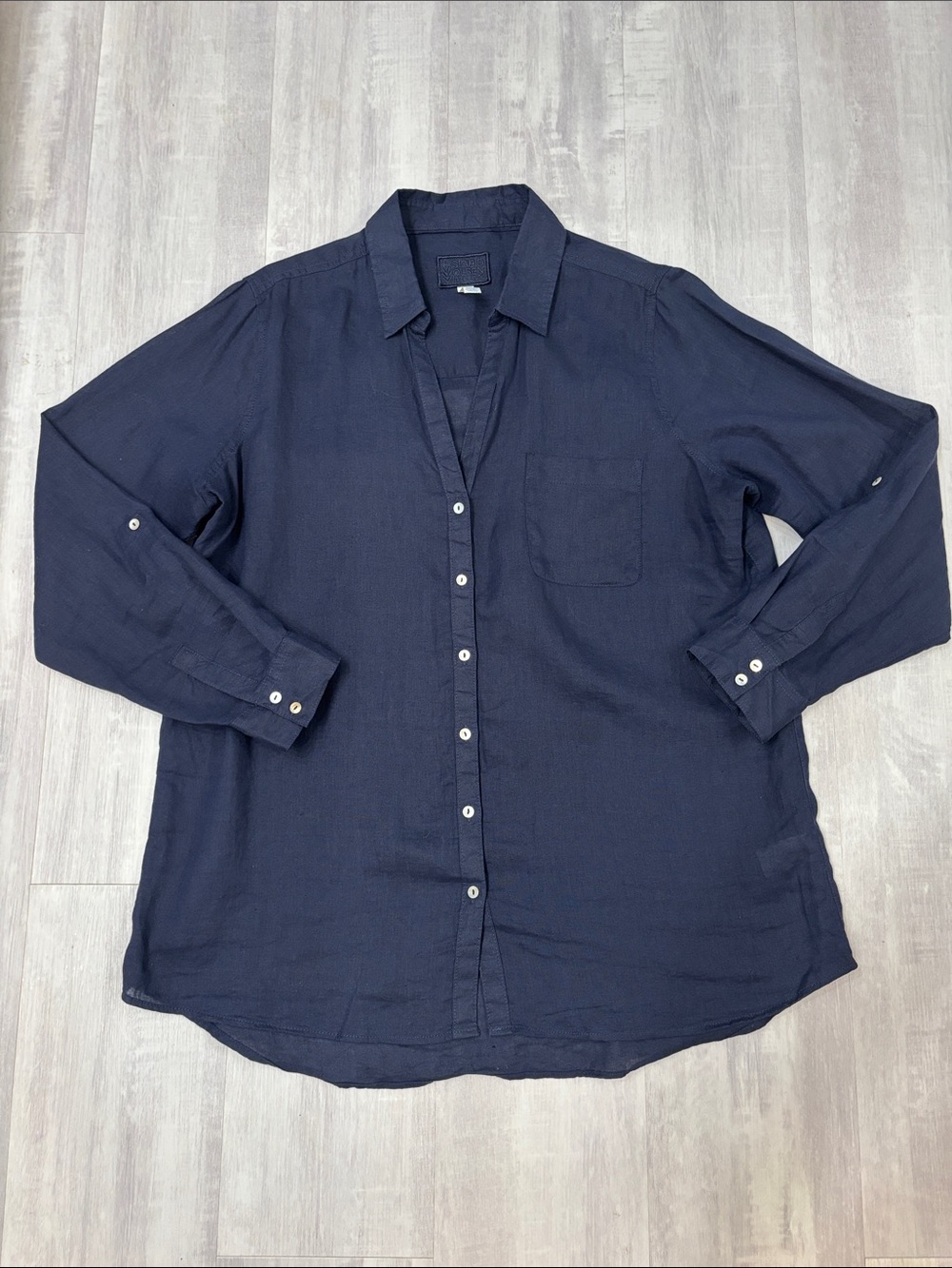 Sigrid Olsen 100% Linen Deep Navy Button-Front Shirt Roll Tab Sleeves Large